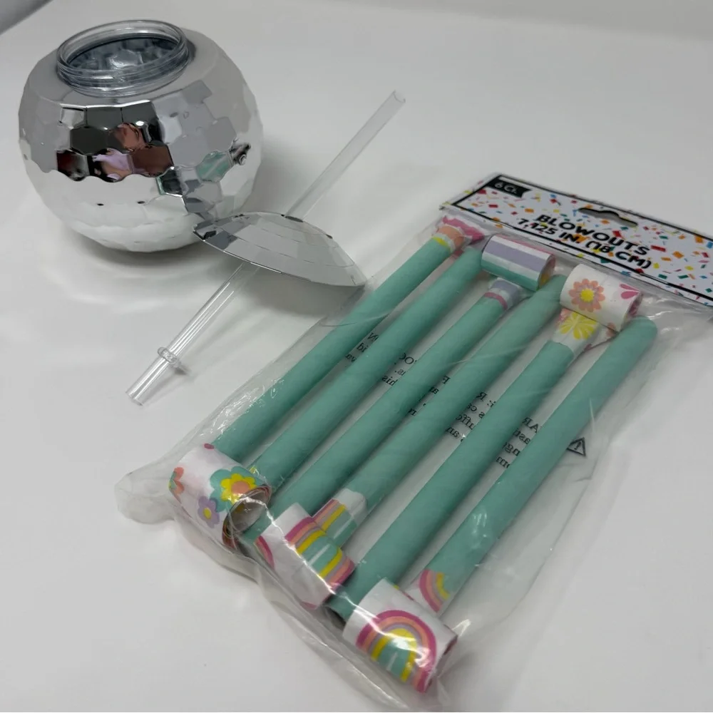Silver Disco Ball Cup with Teal Party Blowers